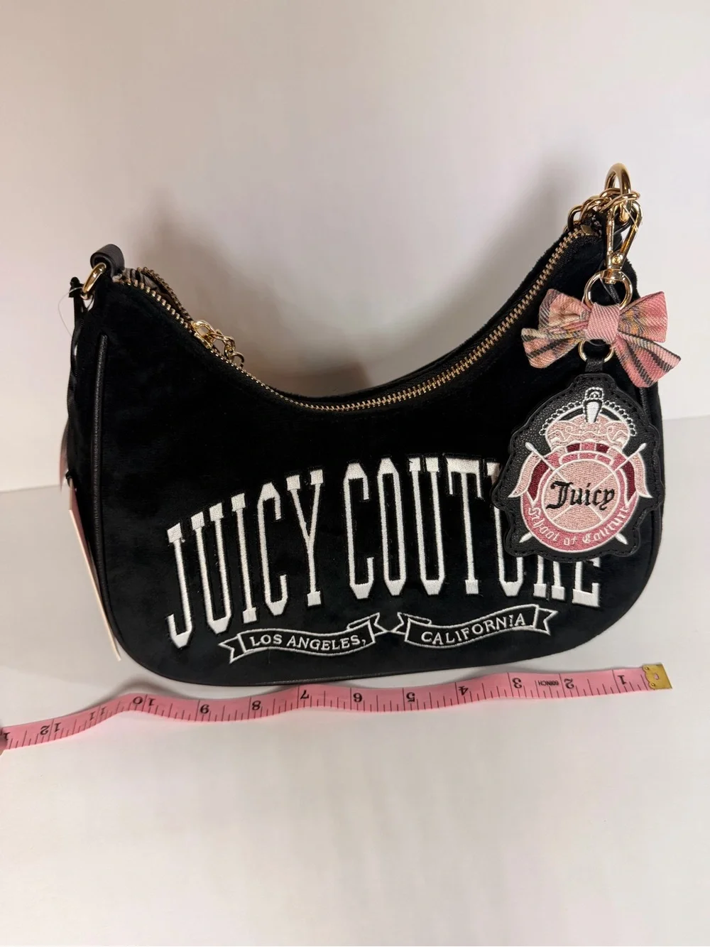Juicy Couture Black Velour Shoulder Bag with Pink Bow Charm